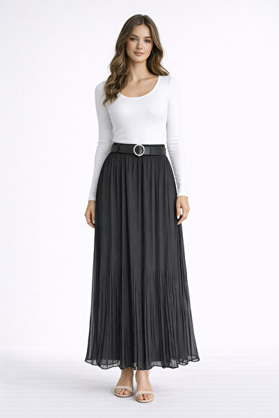 Wissi Life New Season Chiffon Double Pleated Long Black Skirt with Inner Lini...