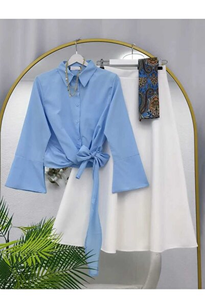 MODA VEDAT Women's Tie-Detail Shirt - Puff Scuba Skirt Set -0490 (Excluding S...