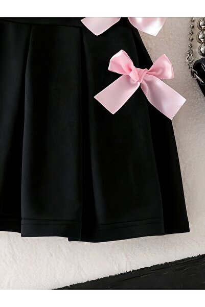uyguntarz Butterfly Detailed Girls' 2-Piece T-Shirt Pleated Skirt Set