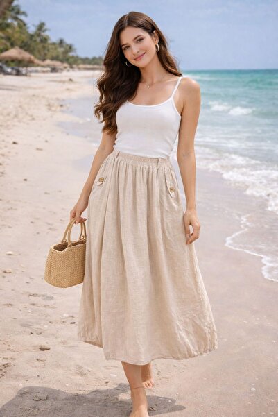 AGORATEKSTİL Women's New Season 2 Pocket Buttoned % Cotton Fabric Skirt