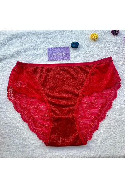 Bee Glow سروال داخلي نسائي ذو خصر مرتفع باللون الأحمر مع تفاصيل لامعة في الأمام