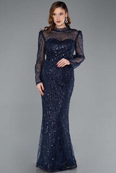 Abiyefon Lacivert Dik Yaka Uzun Kol Boncuklu Büyük Beden Abiye ABU5643