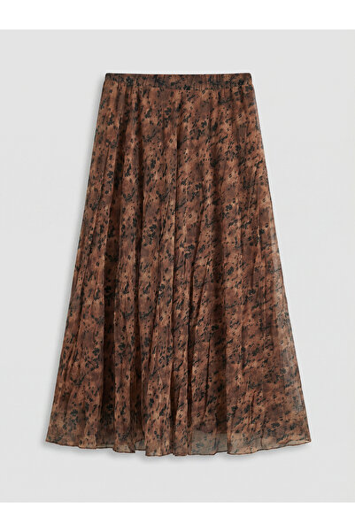 LC Waikiki GiyÇık Store den Kahverengi Beli Lastikli Desenli Pileli Etek