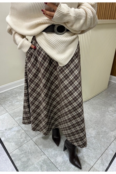 ÖzenButik Ekose Desenli Çan Etek Kahve