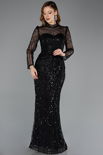 Abiyefon Siyah Dik Yaka Uzun Kol Boncuklu Büyük Beden Abiye ABU5643