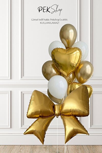 PEKSHOP Gold Fiyonk Folyo Balonlu Beyaz Gold Tema Balon Seti Set239