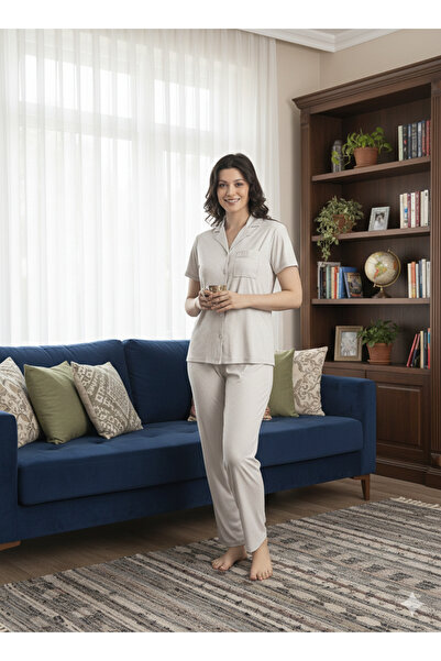 CALİA Gray Dublin Front Button Long Sleeve Women's Pajamas Set