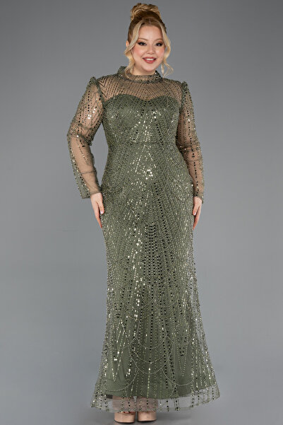 Abiyefon Haki Dik Yaka Uzun Kol Boncuklu Büyük Beden Abiye ABU5643