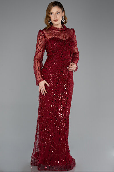 Abiyefon Bordo Dik Yaka Uzun Kol Boncuklu Büyük Beden Abiye ABU5643