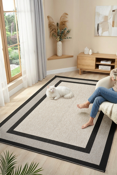 CASERA HOME Elizabeth Collection Sisal Plus Bej Siyah Jut Halı Havsız ve Toz ...