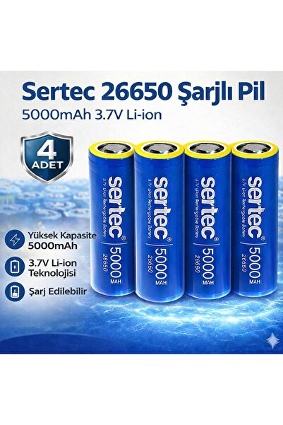 Sertec 26650 Şarjlı Pil 5000mAh 3.7V Li-ion Başlıksız Düz 4lü