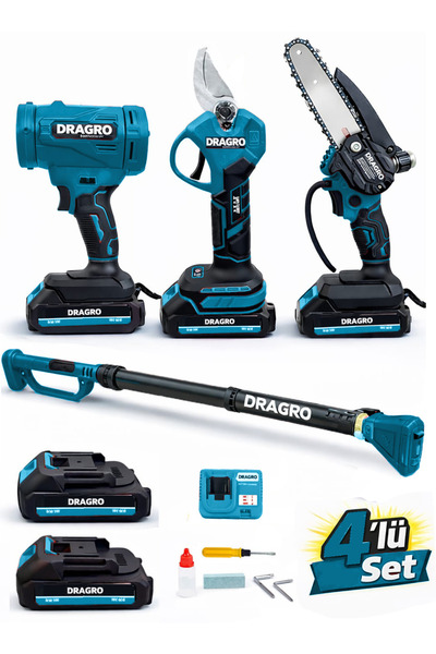 Dragro 4'Lü Set Şarjlı Makas + Otomatik Yağlı Testere + Yaprak Üfleme + Teles...