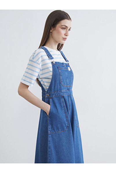 LC Waikiki Elsiva Collection İndigo Kare Yaka Jean Salopet Elbise