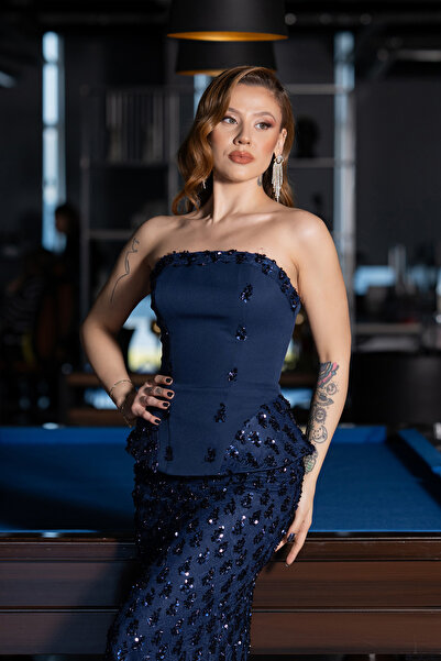 Abiyefon Lacivert Straplez Peplum Detay Uzun Pullu Dantel Balık Abiye ABU5612