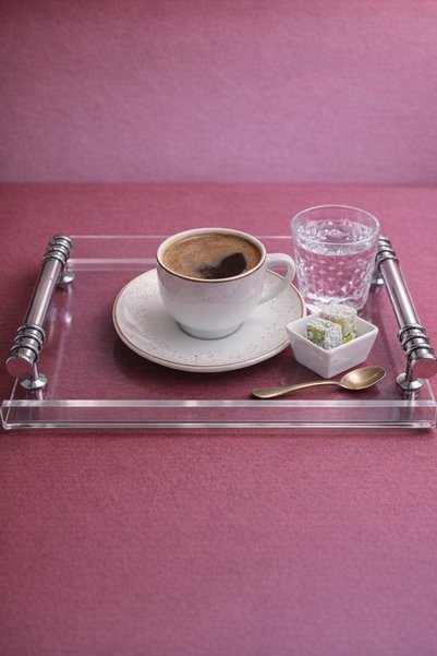 PLEKSİ ORGANİZER Transparent Plexiglass Mini Single Presentation Tray with Silver Ring Handles