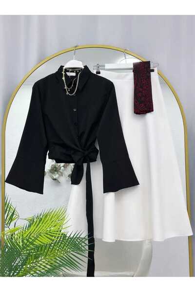 MODA VEDAT Women's Tie-Detail Shirt - Puff Scuba Skirt Set -0490 (Excluding S...