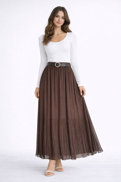 Wissi Life New Season Double Pleated Long Lined Coffee-Colored Skirt with Belt