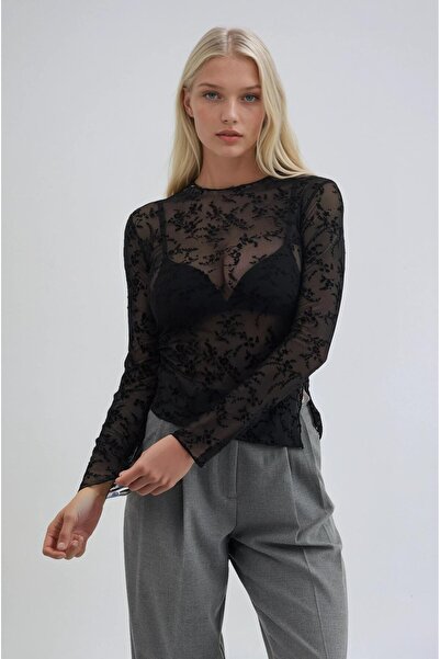 Lijuri Floral Printed Tulle Blouse with Side Slits 8053