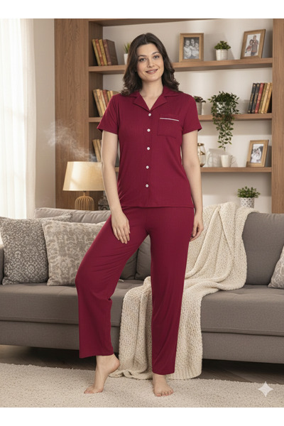 CALİA Burgundy Dublin Front Button Long Sleeve Women's Pajamas Set
