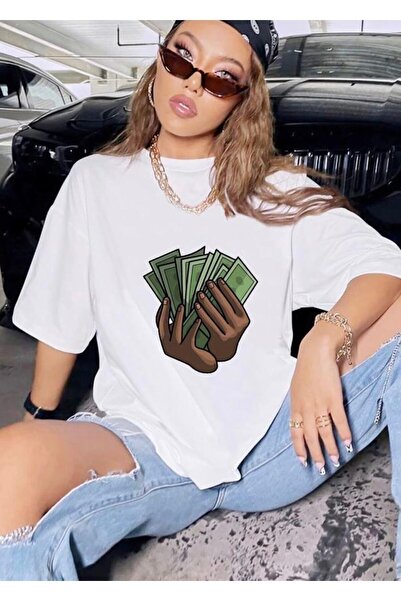 E-ROMA Tricou alb unisex cu imprimeu oversize