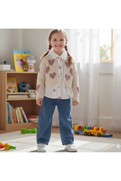 Burç Girl's Heart Embroidered Cardigan, White Heart Printed Shirt and Jean 3-...