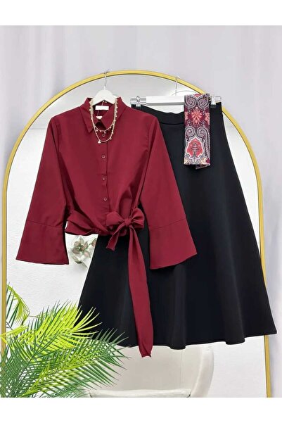 MODA VEDAT Women's Tie-Detail Shirt - Puff Scuba Skirt Set -0490