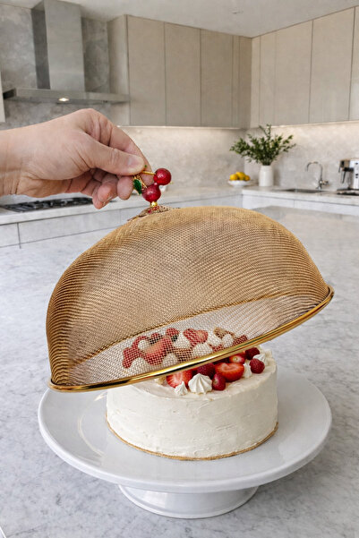 EBRULİEMAYE 30 cm Cherry Decor Gold Knitted Wire Cake Presentation Fanus Lid