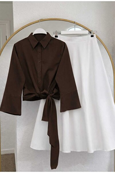 MODA VEDAT Women's Tie-Detail Shirt - Puff Scuba Skirt Set -0490