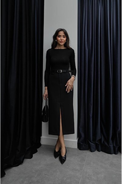 Havoş Black Slit Belted Pencil Skirt