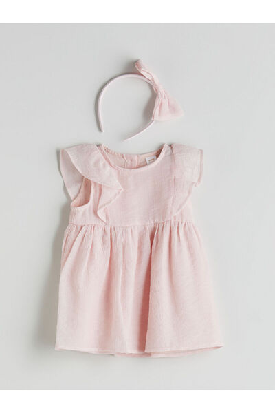 LC Waikiki Pink Baby Girl Muslin Dress and Crown 2-Piece Set