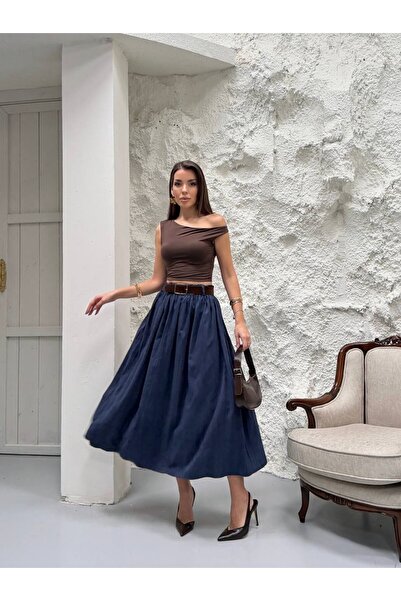 cemo Kadın Kemerli Pile Detaylı Midi Etek