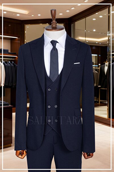 Salihtarzz İtalyan Kesim Slim Fit Laci Yelekli Takım Elbise | Yaka Puntolu Öz...