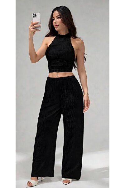 CASUALSTYLE Women's Pink Halter Neck Crop Blouse and Wide Leg Pants Set