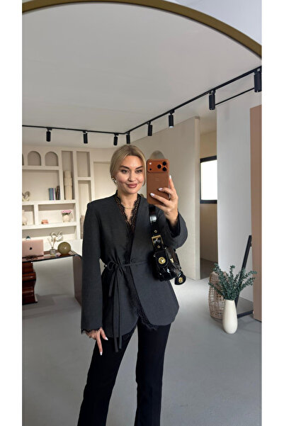 Sezgi Tekin Lace Detail Anthracite Blazer Jacket