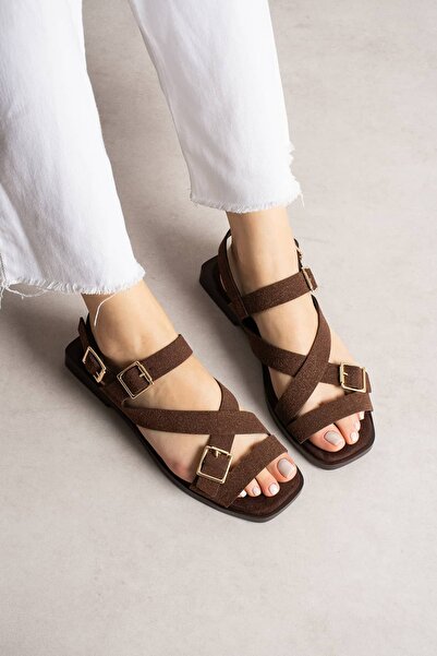 diclepolat Women's Brown Suede Cross-Strap Buckle Sandals – Flat Sole Comfort...