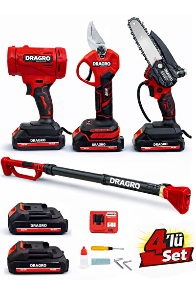 Dragro 4'Lü Set Şarjlı Makas + Otomatik Yağlı Testere + Yaprak Üfleme + Teles...