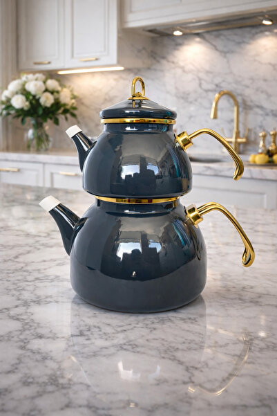 CookaHome Emaye Çaydanlık Takımı-Füme – 2,3 L Suluk + 1,1 L Demlik | Gold Det...