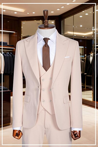 Salihtarzz İtalyan Kesim Slim Fit Krem Yelekli Takım Elbise SD42353