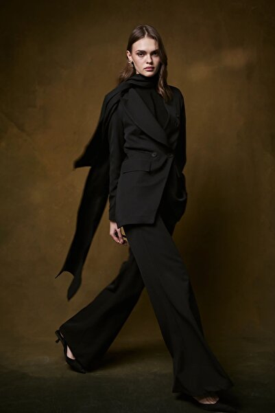 Melike Tatar Scarf Detailed Jacket Set Black 2662