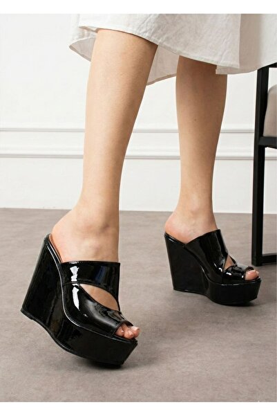 Modanizm Hatz Black Wedge Heeled Slippers