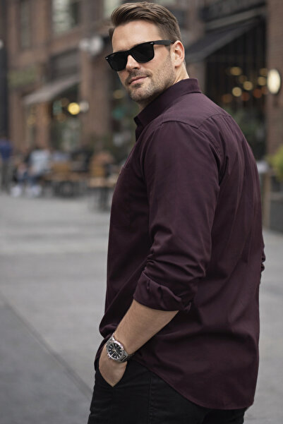 Varetta Men's Large Size Shirt Plum Long Sleeve Single Pocketed Wide Cut