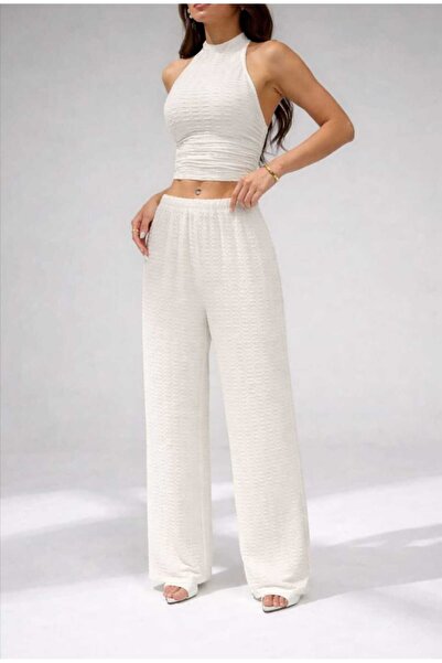 CASUALSTYLE Women's Pink Halter Neck Crop Blouse and Wide Leg Pants Set