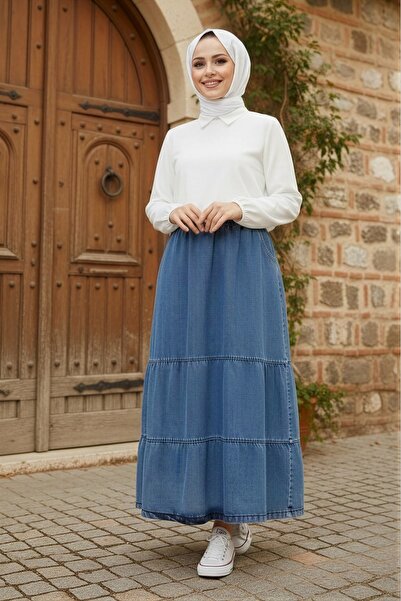 İmajButik Blue Elastic Waist Pleated Denim Skirt