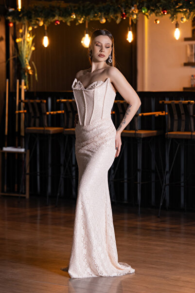 Abiyefon Pudra Straplez Korse Detay Uzun Dantel Abiye Elbise ABU5678