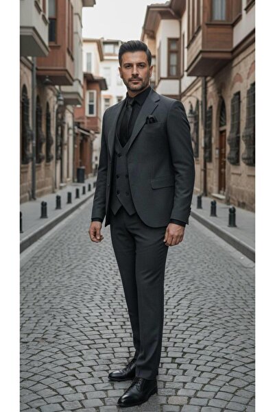 Salihtarzz Takım Elbise SlimFit Antrasit Yelekli Premium SD42311