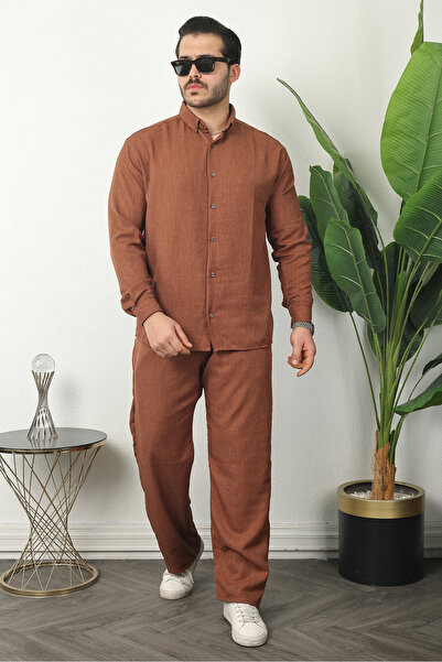 comstar Men's Trendy Linen Shirt Baggy Sweatpants Coffee Two-Piece Set
