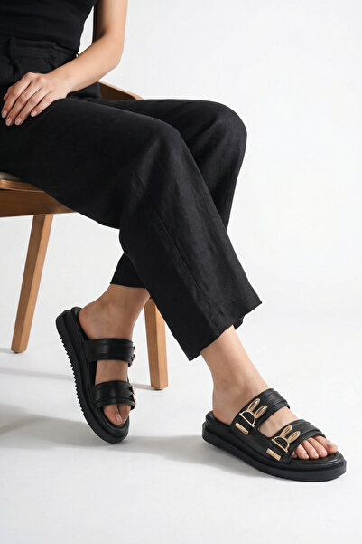 Riccon Women's Double Buckle Slippers 00120415 Black