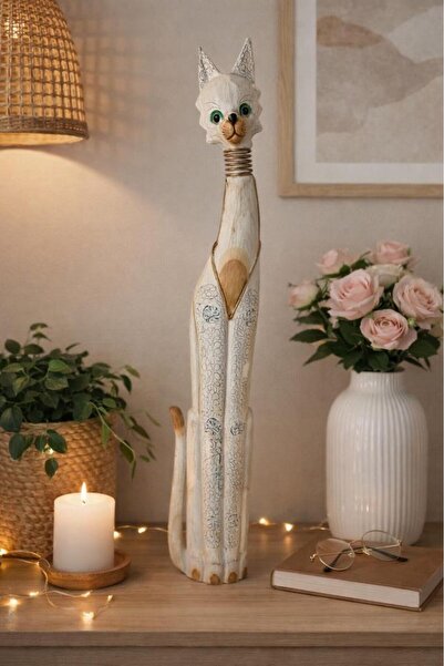 Hd Marketim 105 cm El Yapımı Ahşap Kedi Biblo – Otantik Büyük Boy Dekoratif Y...
