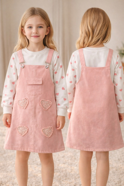 Uğur bebe Girl's pink heart sweatshirt and pearl-detailed pink denim overalls...