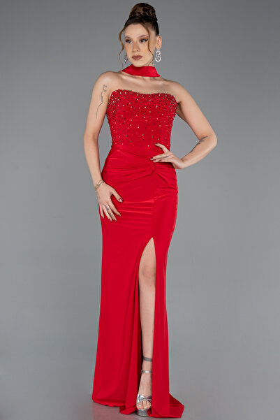 Abiyefon Kırmızı Taşlı Straplez Yaka Yırtmaçlı Uzun Abiye Elbise ABU5564